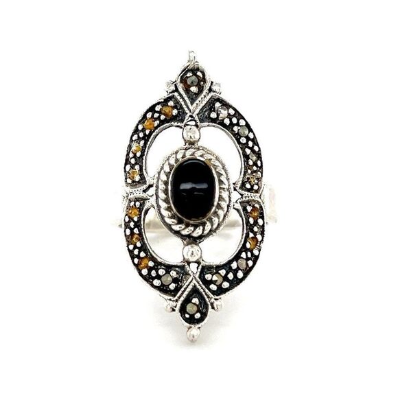 Sterling Silver 925 Pointed Shaped Marcasites/Onyx Ring - Picture 1 of 10